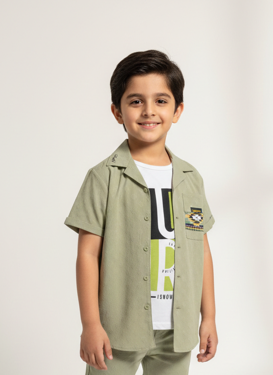 The Ultimate Boys' Sage Green Resort Shirt with Graphic Inner Tee for Effortless Summer Style