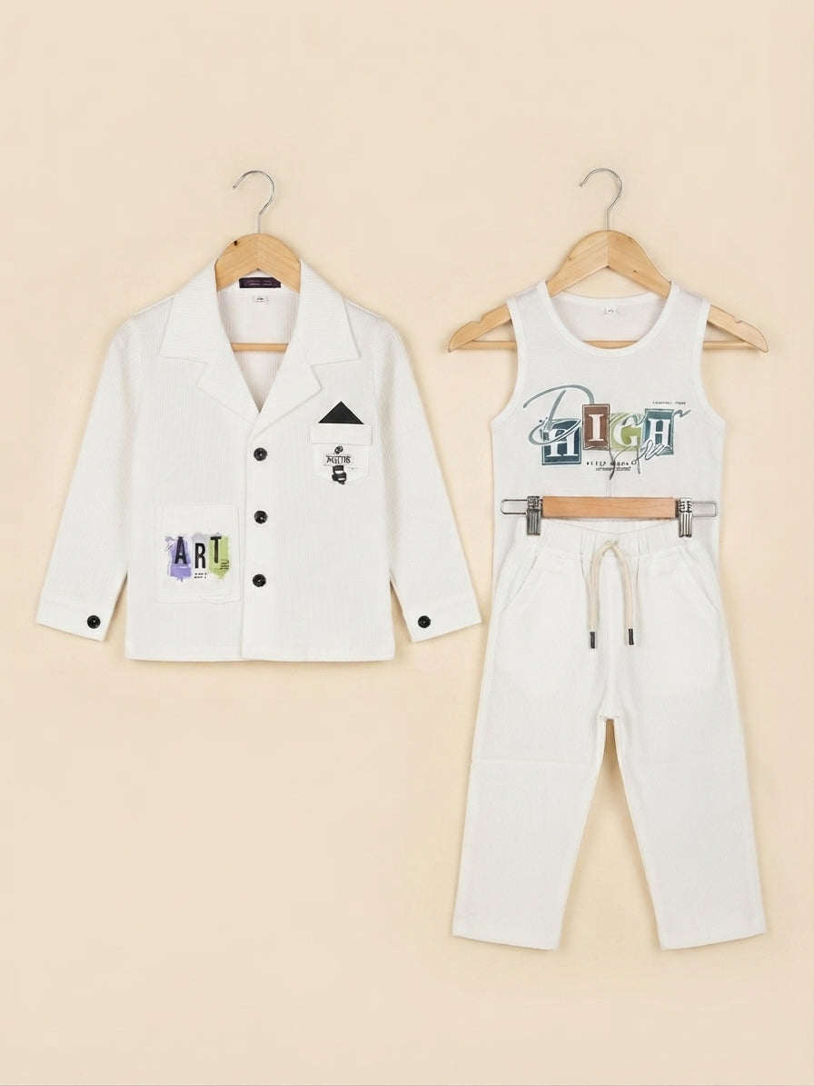 Stylish Three Piece Kids Outfit Featuring Blazer Tank Top And Cargo Pants For Boys
