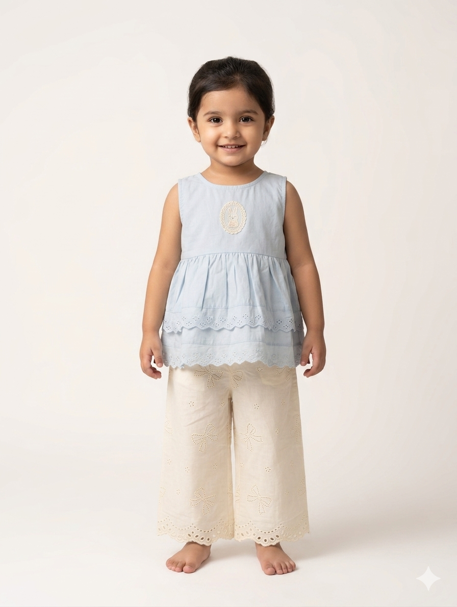 Elegant Toddler Girls Eyelet Lace Sleeveless Peplum Top and Wide Leg Embroidery Pant Set