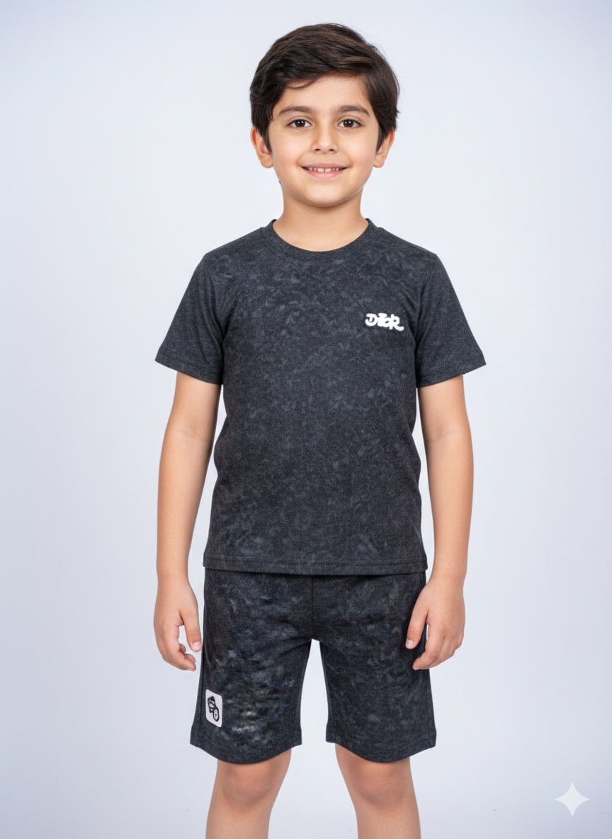 Trendy Grey Marble Texture Junior Boys Summer Cotton T-Shirt and Shorts Casual Pajama Set ✨