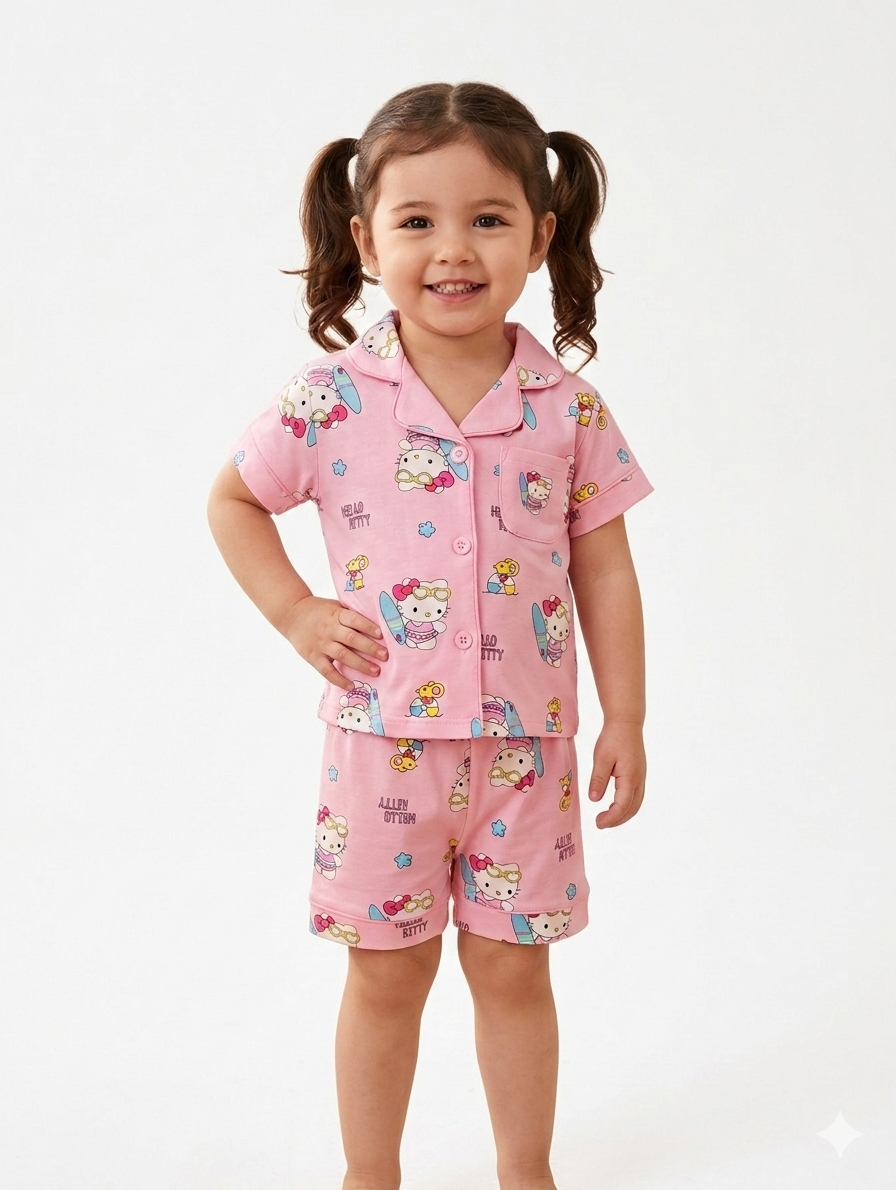 Girls Pink Hello Kitty Summer Pajama Set Soft Cotton Short Sleeve Button Down Nightsuit Set
