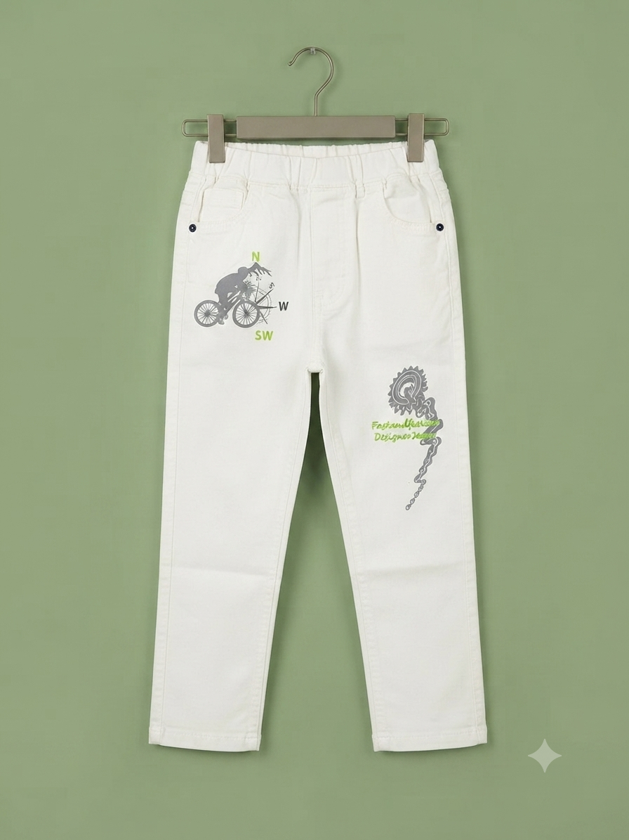 Stylish kids denim pants featuring cool graphic prints, elastic waistband, and comfortable everyday wear.