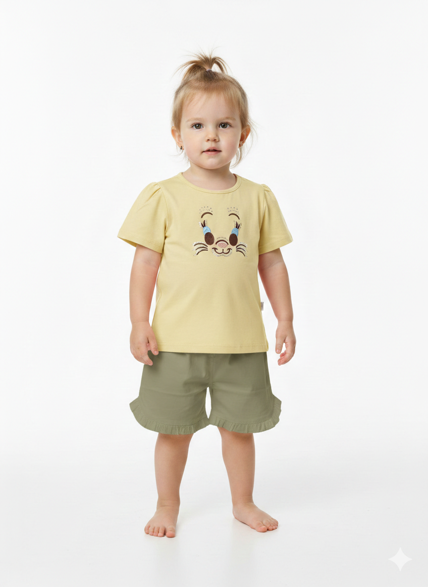 Toddler Girls' Two-Piece Summer Set with Graphic Character Tee and Ruffle-Trimmed Fashion Shorts