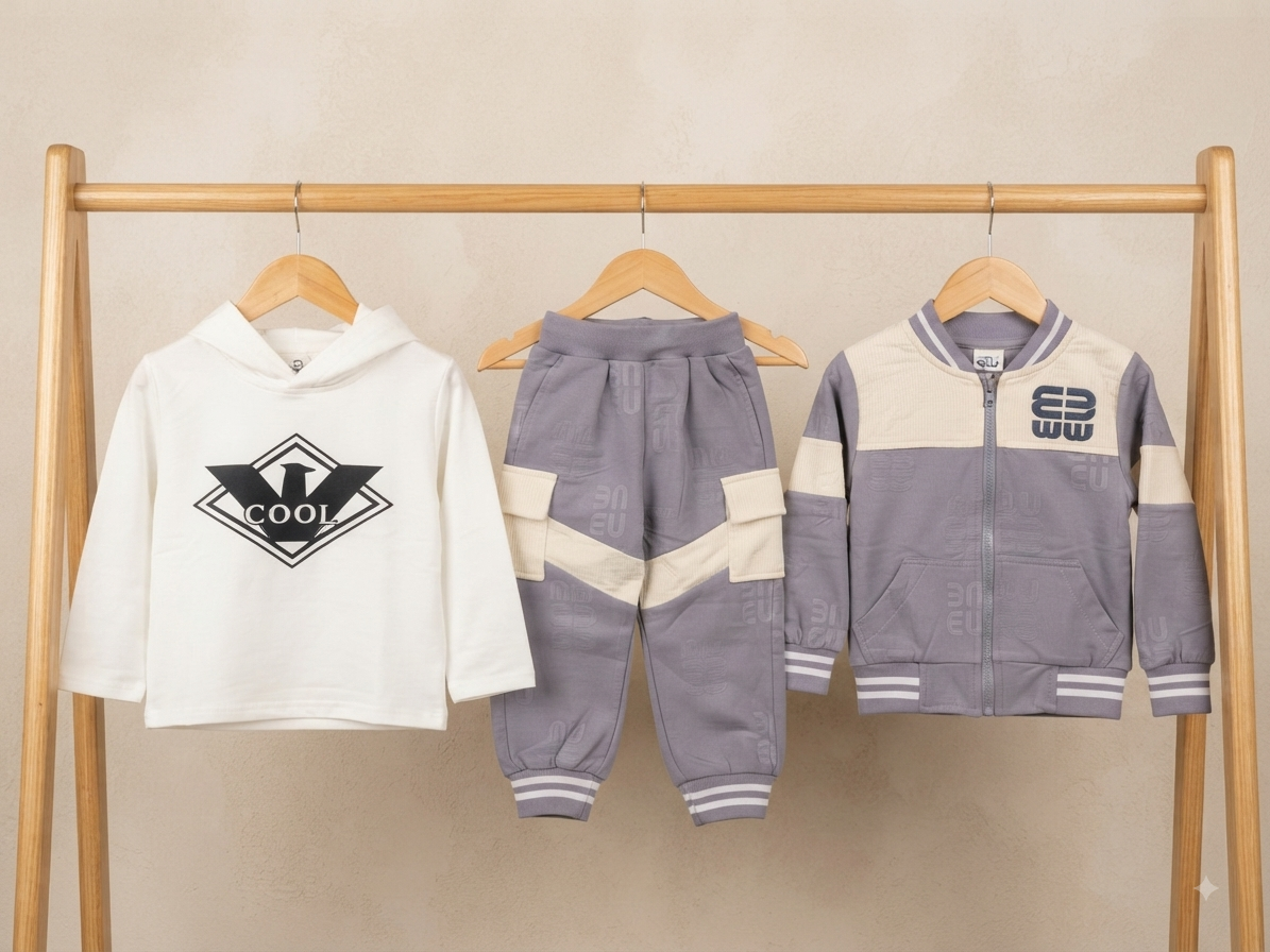 Kids stylish 3-piece winter outfit set featuring hoodie, pant, and zip-up jacket.