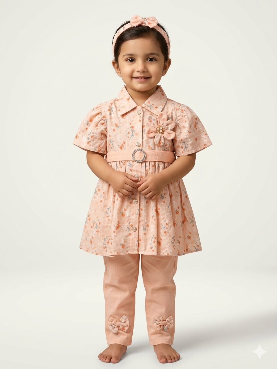 Little Girls' Floral Print Tunic and Trouser Set with Matching Bow Headband - 3 Pieces