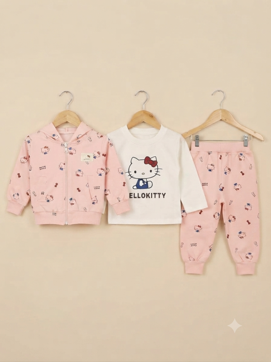 Girls Hello Kitty 3-Piece Winter Outfit Set Featuring Cute Hoodie Sweatshirt And Full Length Trouser
