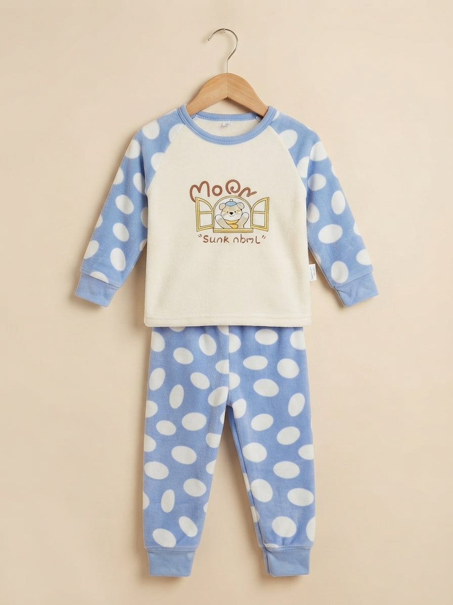 Cozy Kids Polka Dot Fleece Pajama Set With Cute Bear Graphic And Matching Trousers