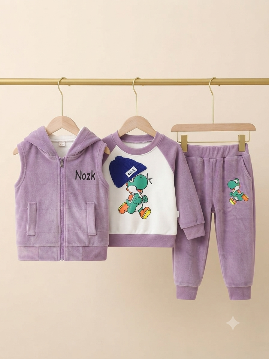 Kids Dinosaur Print 3-Piece Fleece Outfit Set with Hooded Vest for Boys