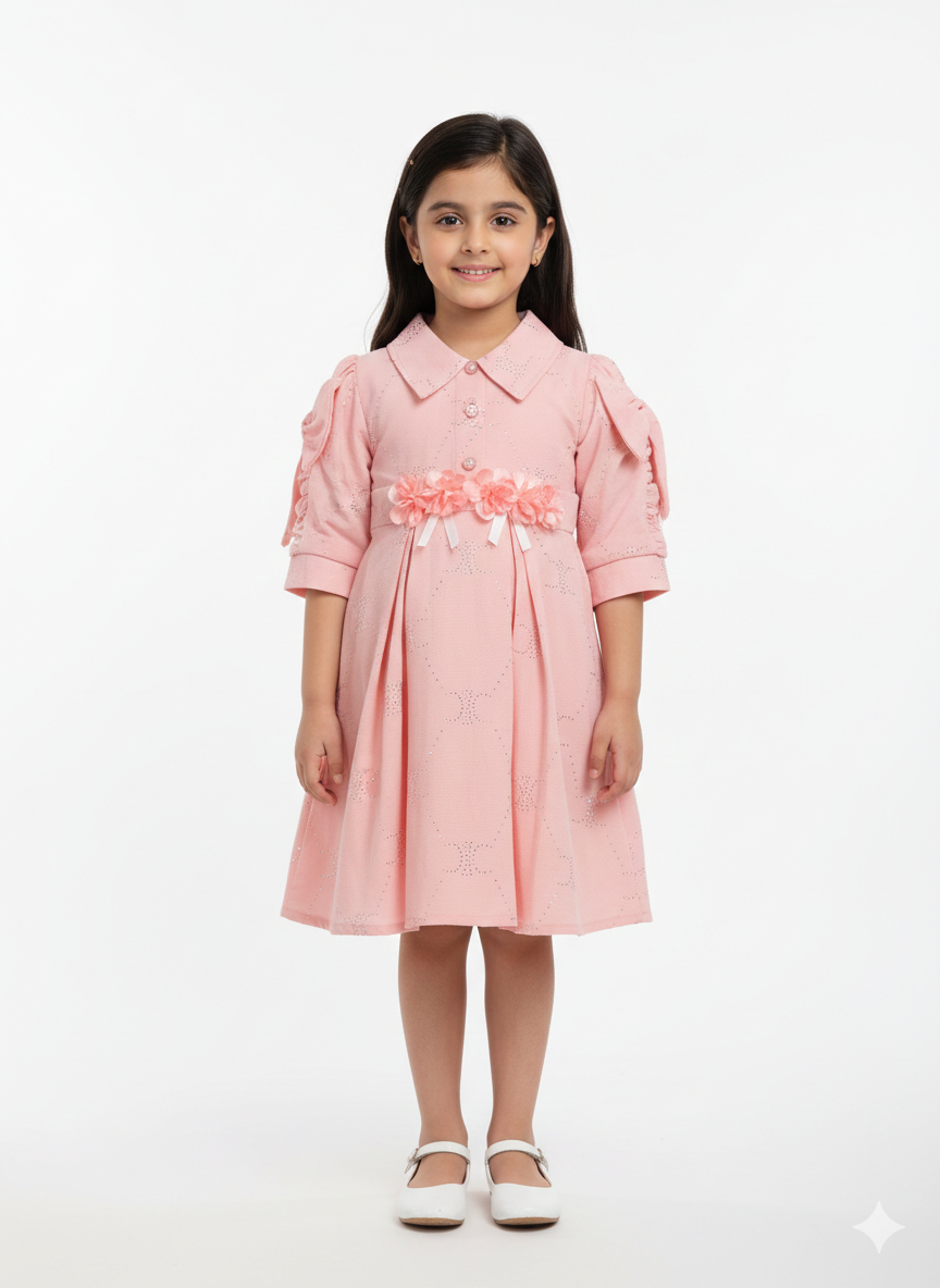 Elegant Girls' Pastel Pink Floral Embellished A-Line Party Dress with Stylish Puff Sleeves