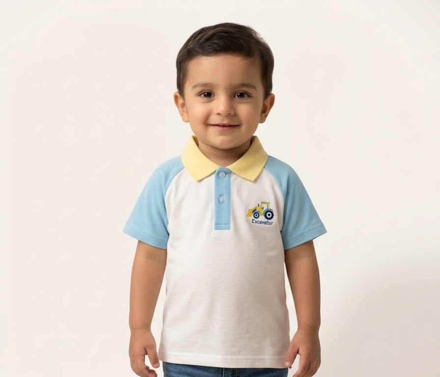 Boys Construction Embroidery Colorblock Polo Shirt - Comfortable Cotton Casual Wear for Toddlers and Kids