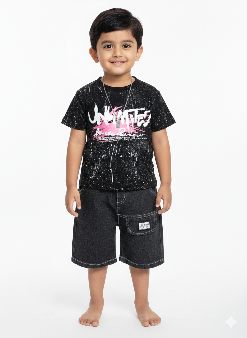 Boys' Urban Edge Black and Pink Graphic T-Shirt and Denim Cargo Shorts Set
