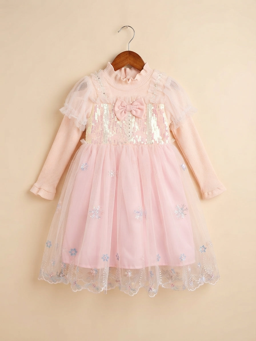 Elegant Winter Sequins Bow Long Sleeve Mesh Party Dress For Cute Little Girls