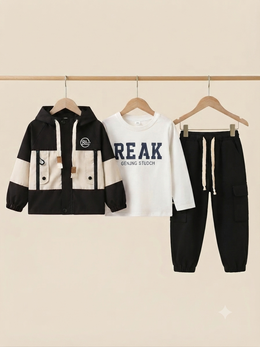 Kids 3 Piece Stylish Winter Outfit Set With Hooded Jacket Shirt And Comfortable Pants