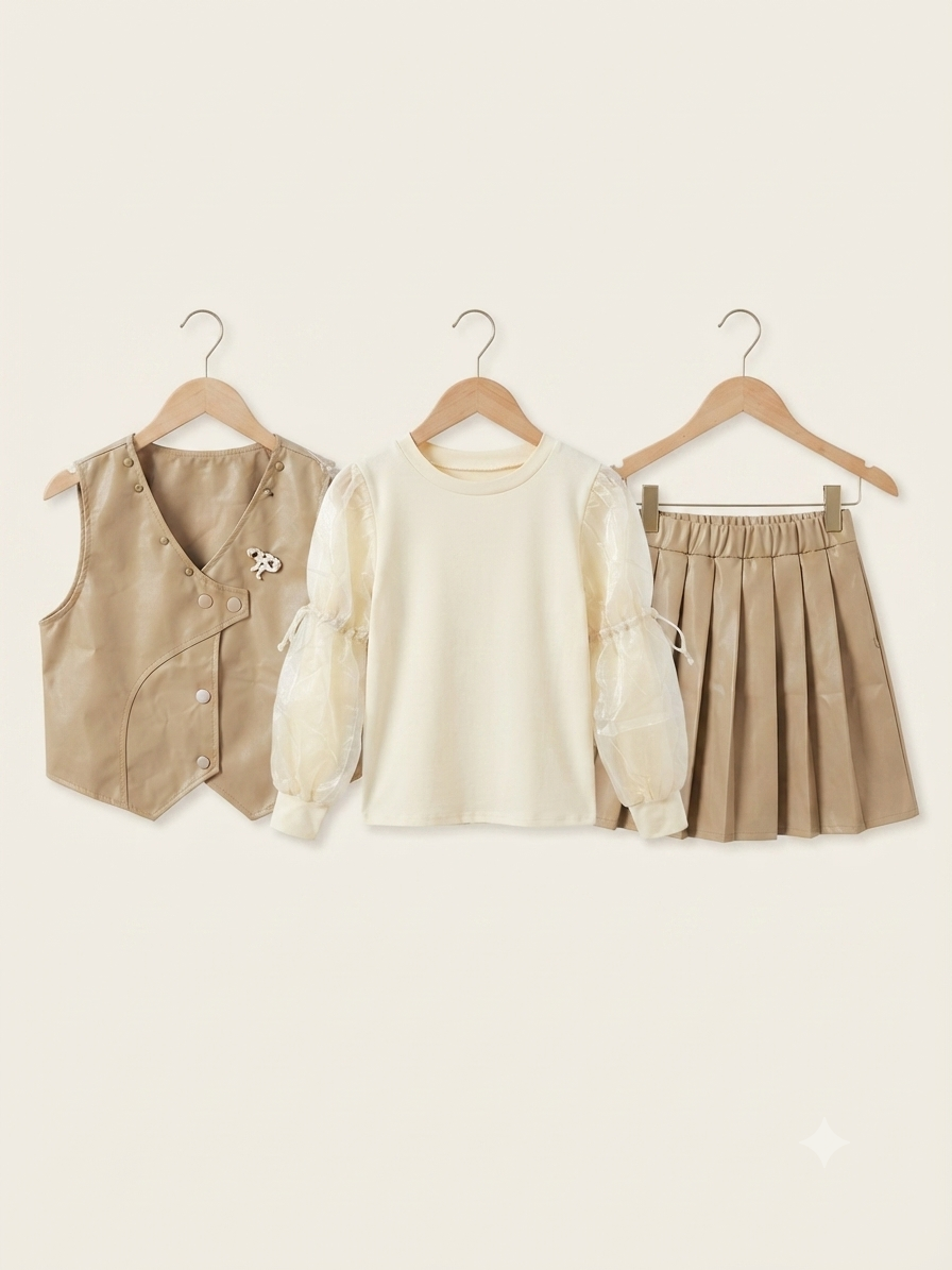 Stylish Faux Leather Vest Sheer Puff Sleeve Top And Pleated Skirt Outfit Set