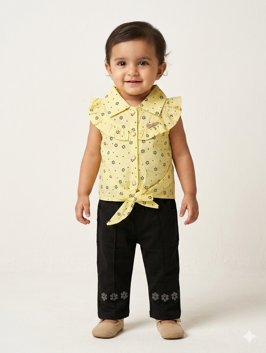 Toddler Girls Floral Tie-Front Sleeveless Shirt and Embroidered Black Pants Two-Piece Outfit Set