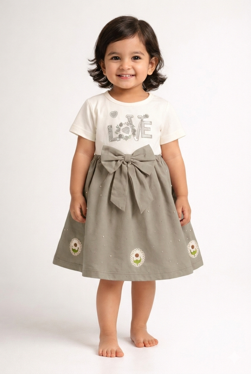 Girls' Elegant "LOVE" Graphic Tutu Dress with Oversized Bow and Floral Embroidery Accents