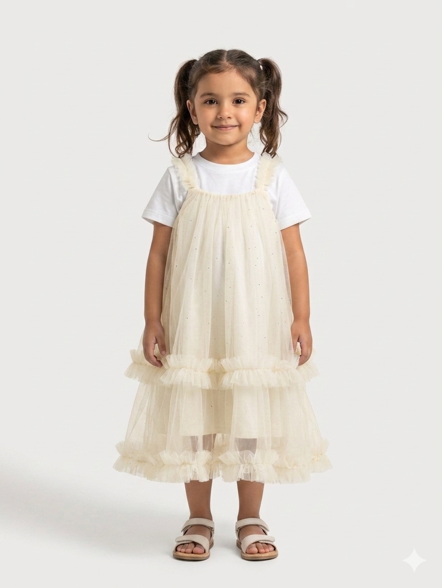 Toddler Girls Layered Tulle Sparkle Pinafore Dress with Casual White Tee Set in Three Colors