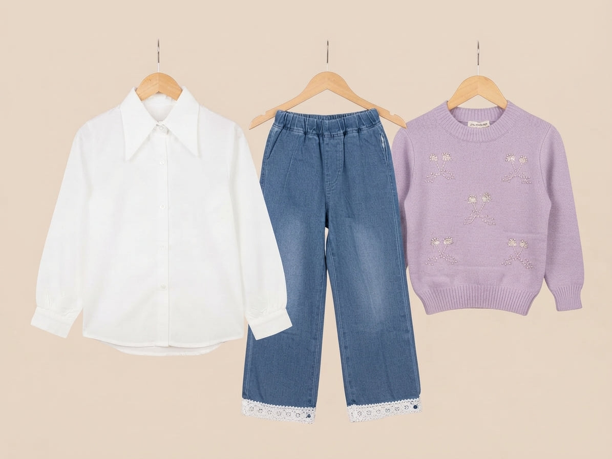 Stylish Kids 3-Piece Girls Outfit Set With Bow Sweater Shirt And Denim Pants