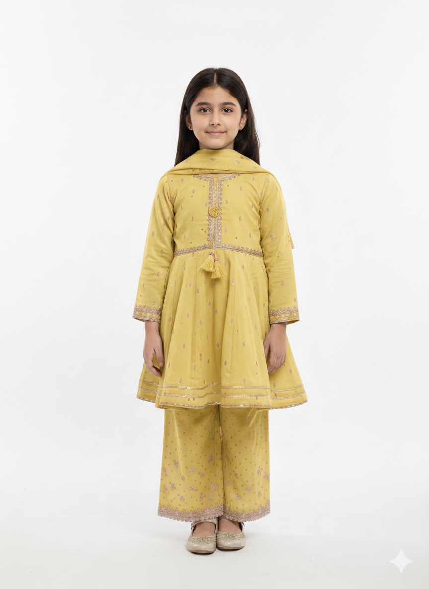 Girls' Elegant Embroidered Peplum Suit with Wide-Leg Trousers and Matching Dupatta - Festive Collection