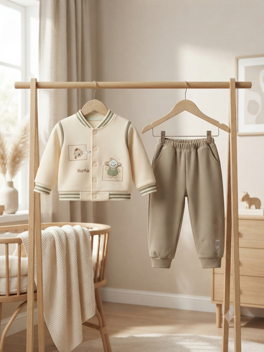 Cute Kids Winter Jacket And Full Length Trouser Set With Matching Striped Ribbing