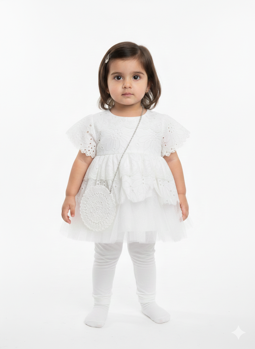 Elegant Toddler Girls Floral Eyelet Lace Party Dress with Matching Crossbody Purse and Leggings