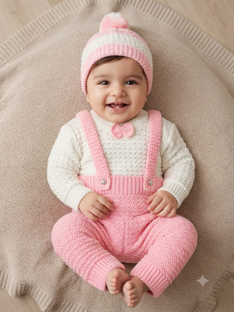 Cute baby knitwear outfit set with long-sleeve sweater, overalls, and matching beanie hat.