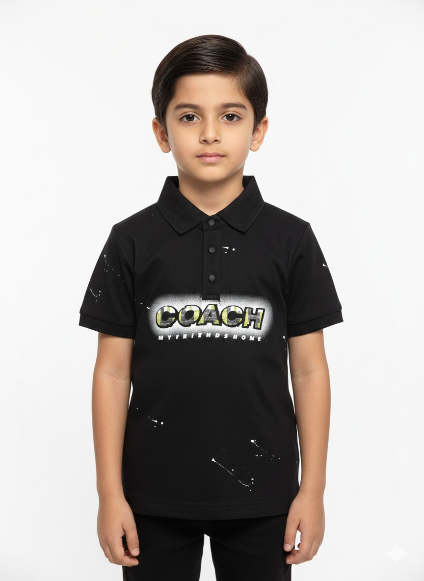 The Dynamic Rhythm of a Young Trendsetter Wearing a Vibrant Multicolored Splattered Graphic Polo Shirt