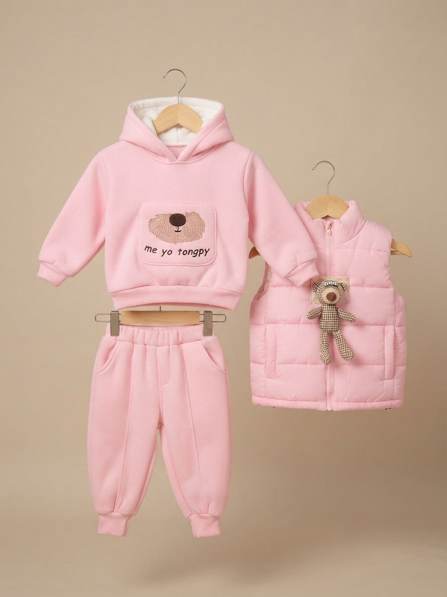 Girls Cute Bear Graphic 3-Piece Winter Tracksuit Set Featuring Padded Vest And Hoodie