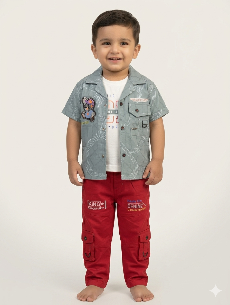 Toddler Boys Casual Three-Piece Outfit Set with Graphic Tee, Button-Down Shirt, and Cargo Pants