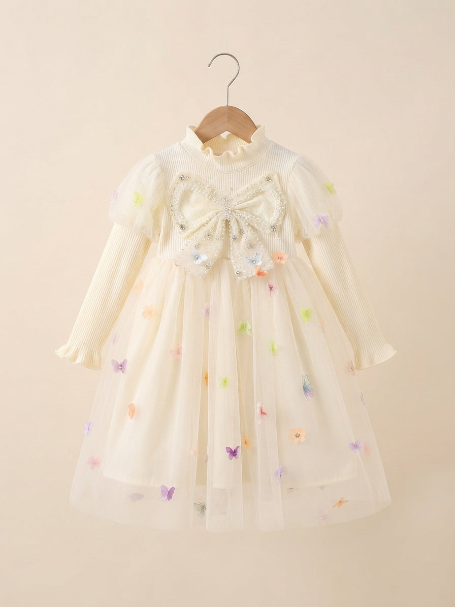 Elegant Winter Sequins Bow Long Sleeve Mesh Party Dress For Cute Little Girls