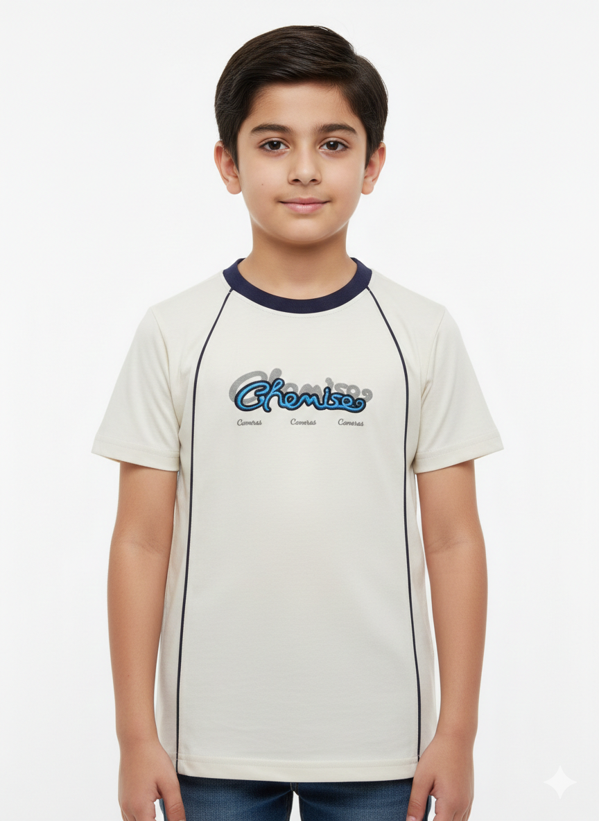 Smart Boys Casual Cream T-Shirt With Contrast Piping And Stylish Graphic Logo Detail