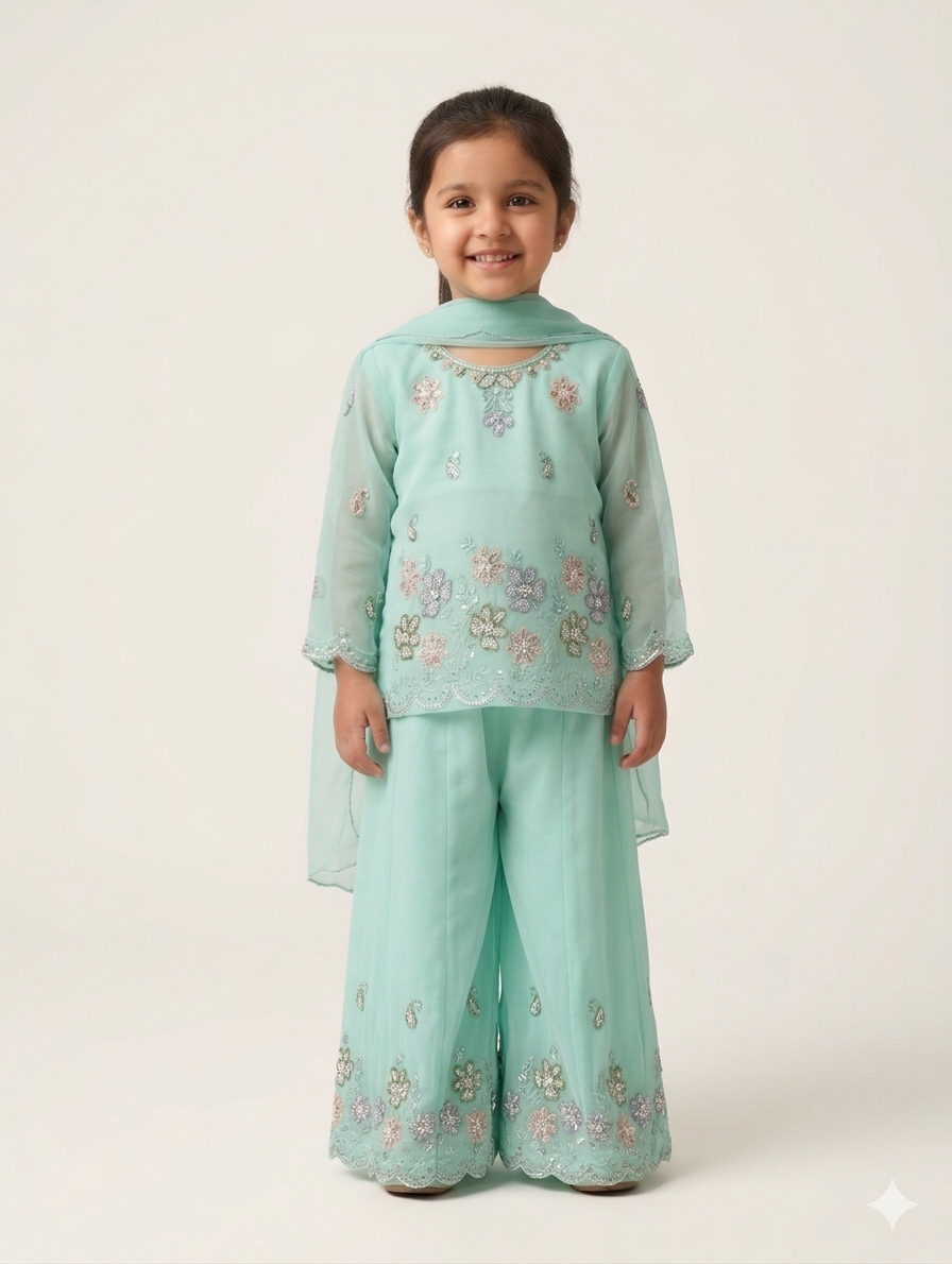 Elegant Kids Embroidered Pastel Organza Tunic and Wide Leg Trouser Set for Special Occasions