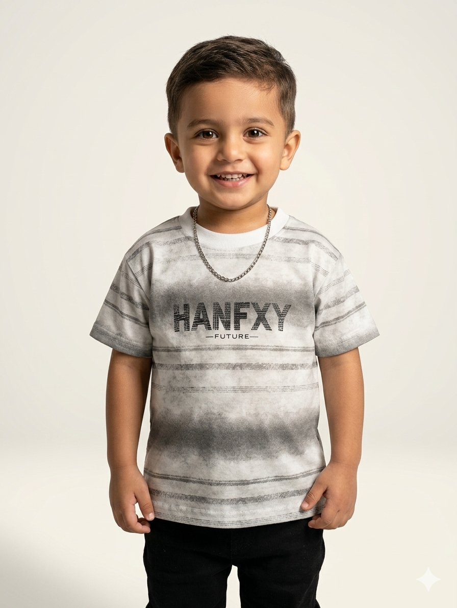 Boys' HANFXY "Future" Striped Graphic Tee – Trendy Gray & Black Urban Streetwear T-Shirt