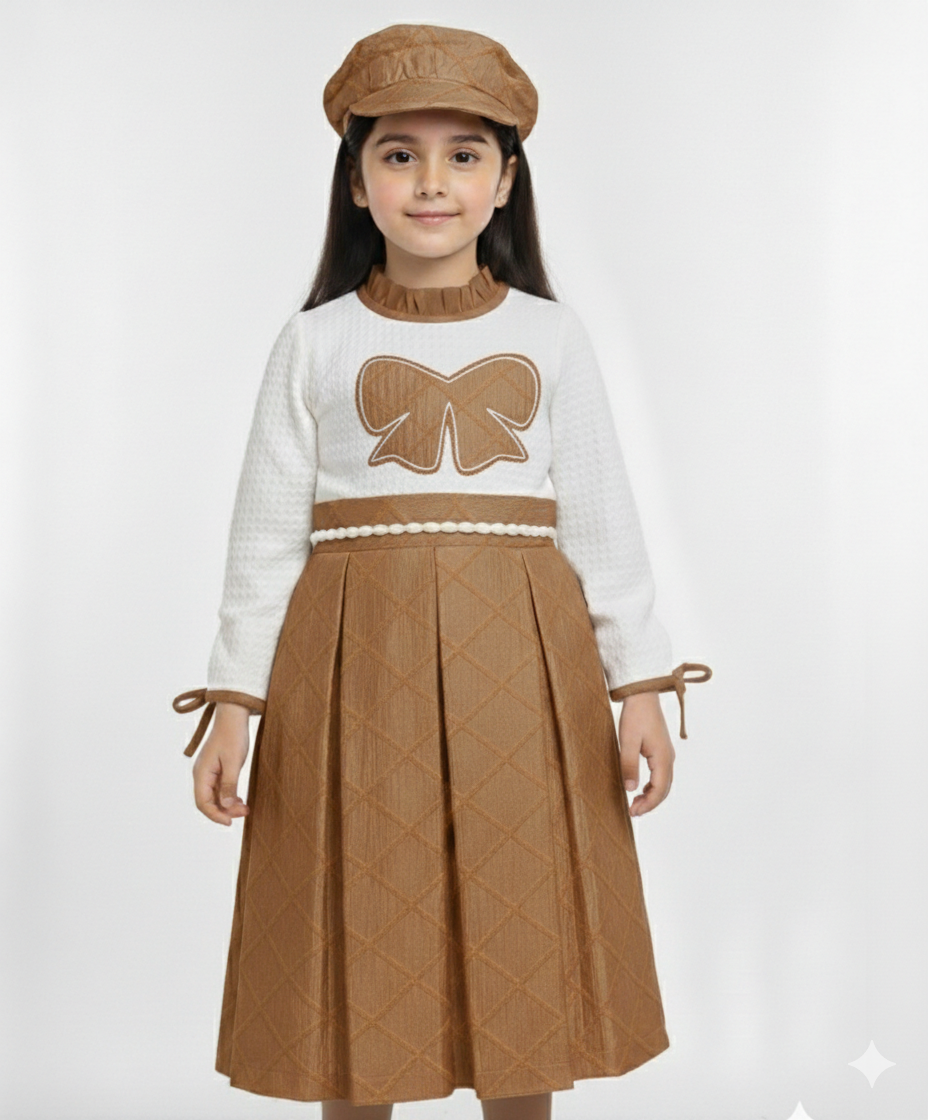 Elegant Girls’ Two-Tone Plaid Bow Dress with Matching Newsboy Cap – Chic Three-Piece Set