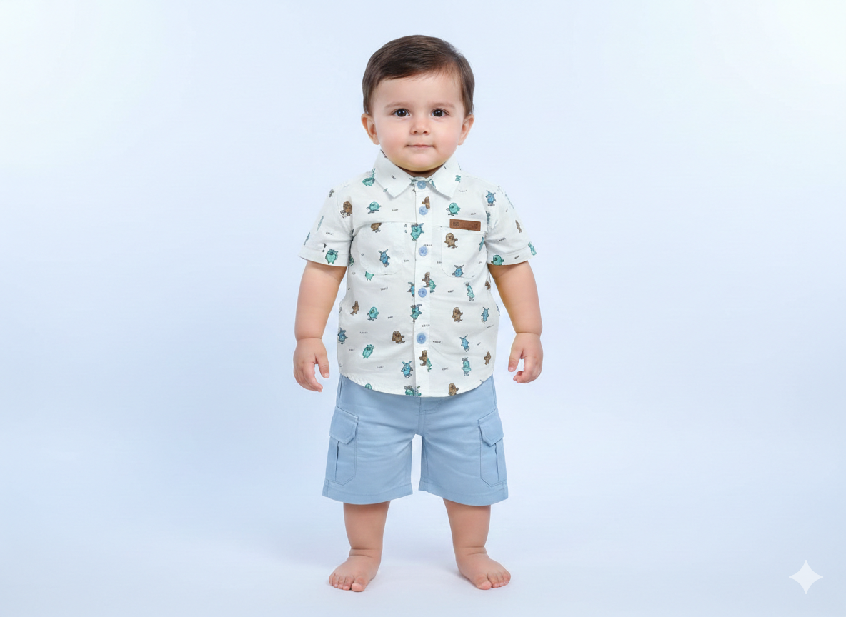 Baby Boys Summer Monster Friend Set Printed Button Shirt With Comfortable Matching Cargo Shorts