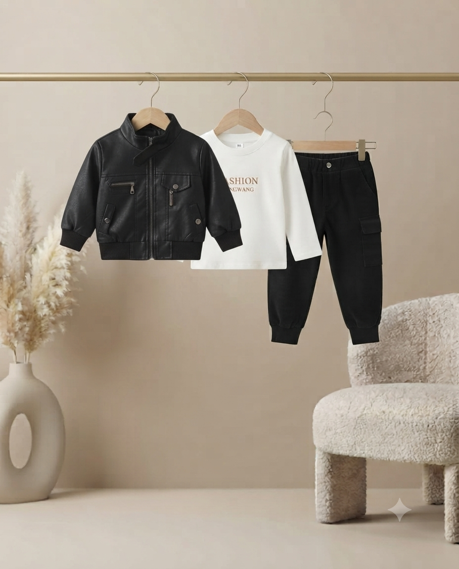Trendy Leather Jacket Set for Kids Stylish Comfortable Three Piece Winter Clothing Outfit