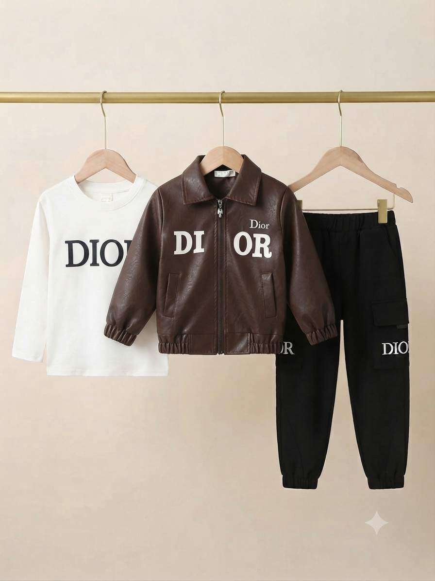 Kids Stylish 3-Piece Leather Jacket T-Shirt And Cargo Trouser Outfit Set
