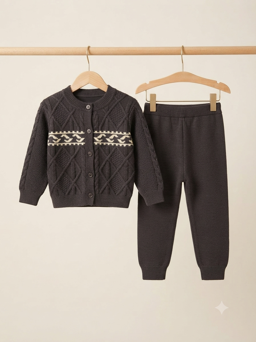 Cozy Kids Knitted Cardigan And Trousers Outfit Set For Winter