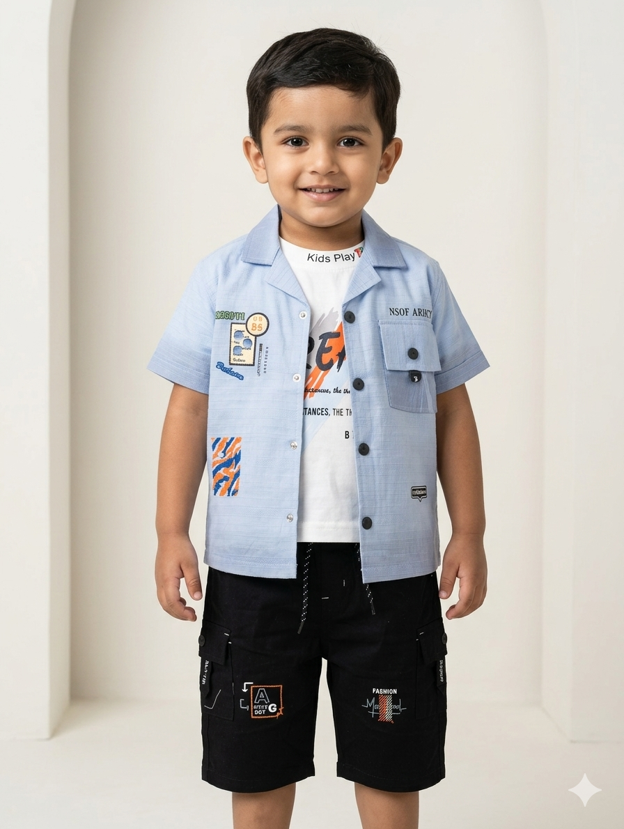 Boys Trendy 3-Piece Summer Cargo Shorts and Graphic Tee Set with Utility Button-Down