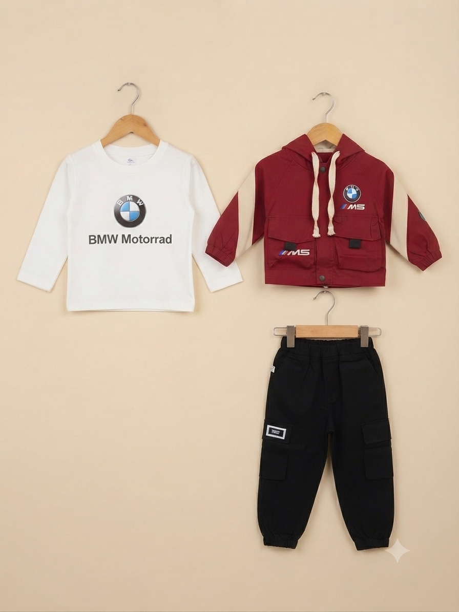 Title: 3-Piece Boys BMW Motorrad Outfit: Long-Sleeve Tee, Utility Jacket, and Cargo Pants