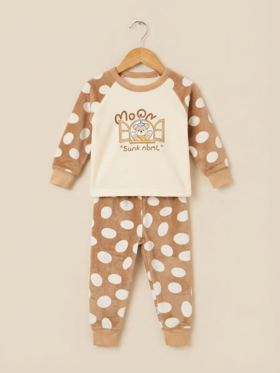 Cozy Kids Polka Dot Fleece Pajama Set With Cute Bear Graphic And Matching Trousers