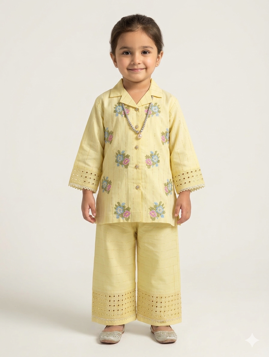 Little Girls Elegant Embroidered Cotton Lawn Two-Piece Floral Co-ord Set in Three Pastel Shades