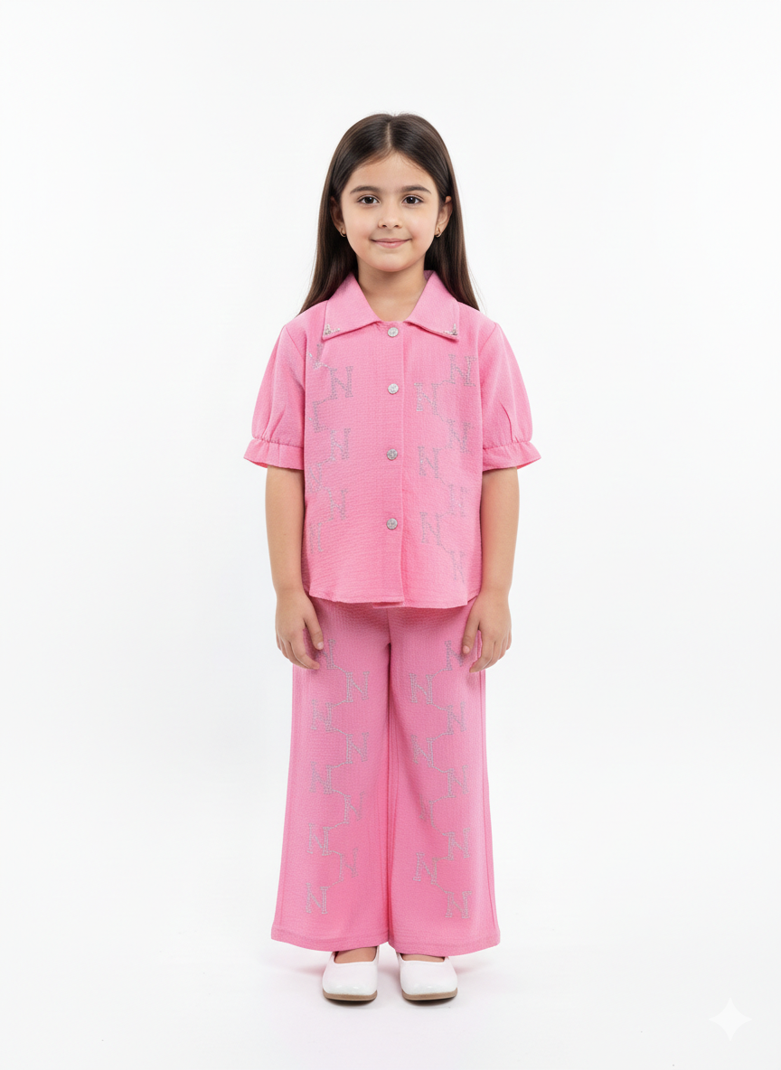 Elegant Monogrammed Button-Down Shirt and Wide-Leg Trouser Two-Piece Set for Stylish Young Girls