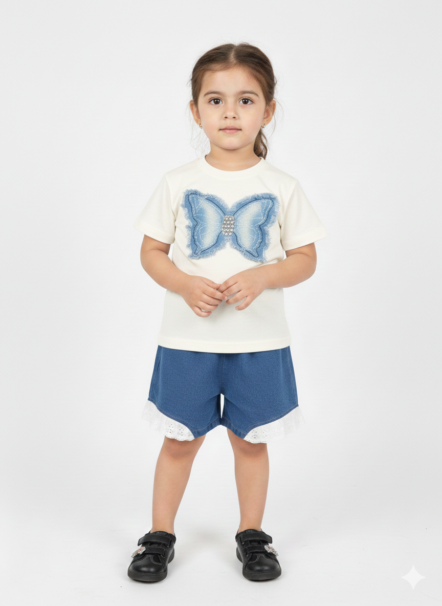 Adorable Girls' Butterfly Appliqué T-Shirt and Lace-Trim Denim Shorts Two-Piece Summer Outfit Set