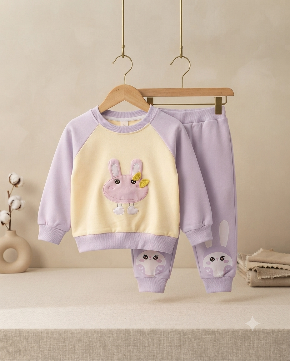 Cute Rabbit Print Sweatshirt And Matching Comfortable Jogger Pants Set For Kids