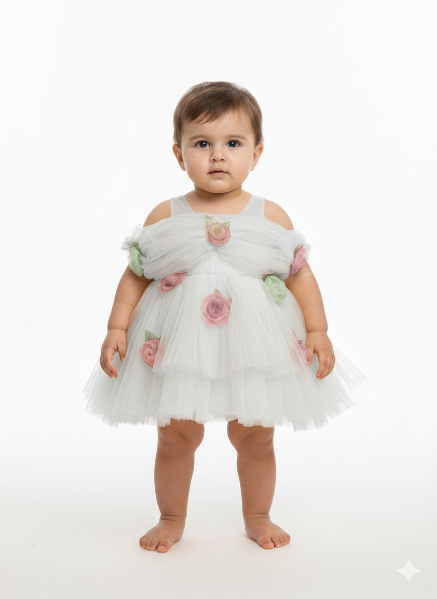 Baby Girls' Floral Tulle Party Dress - Elegant Layered Princess Frock for Special Occasions