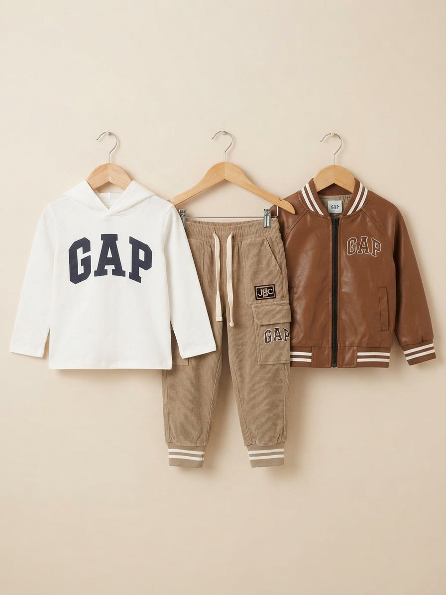Stylish Kids 3-Piece Gap Outfit Set With Letter Hoodie Leather Jacket And Pants