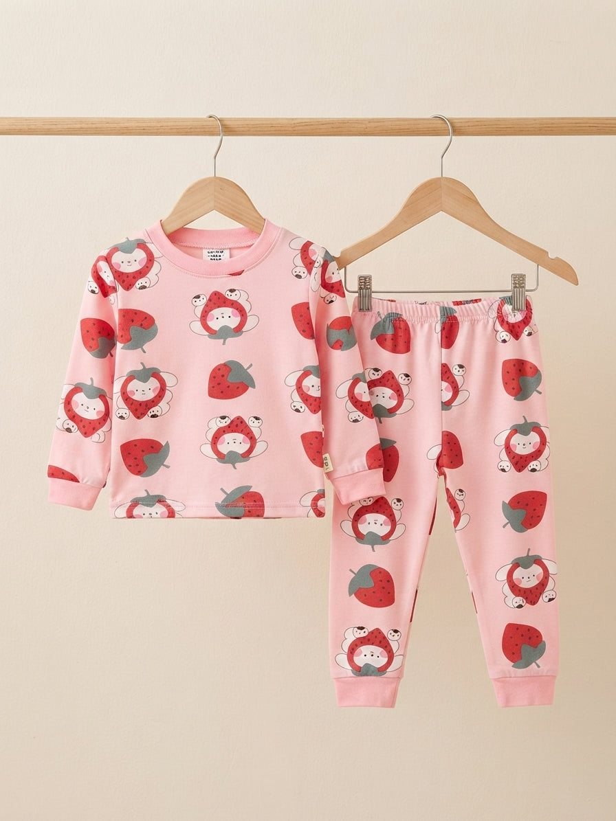 Soft Breathable Cotton Baby Sleepwear Set Featuring Cute Cartoon Strawberry Print For Toddlers