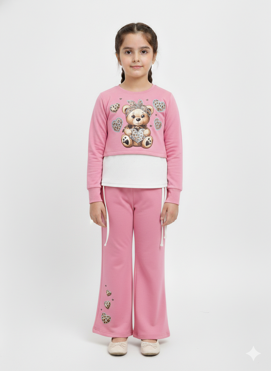 Girls' 3-Piece Leopard Heart Teddy Bear Crop Sweatshirt and Wide-Leg Flare Pant Set