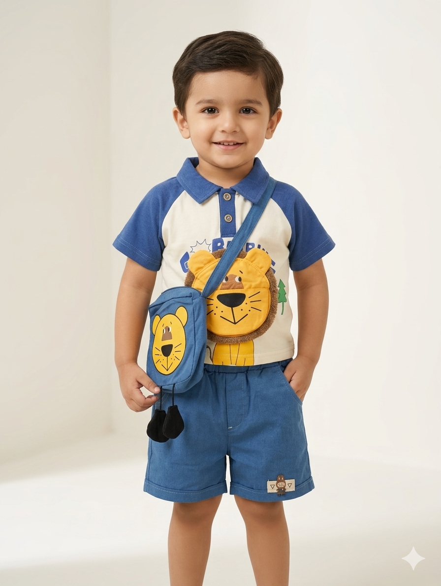 Toddler Boys' Lion Graphic Polo Shirt and Shorts Set with Matching Crossbody Animal Bag